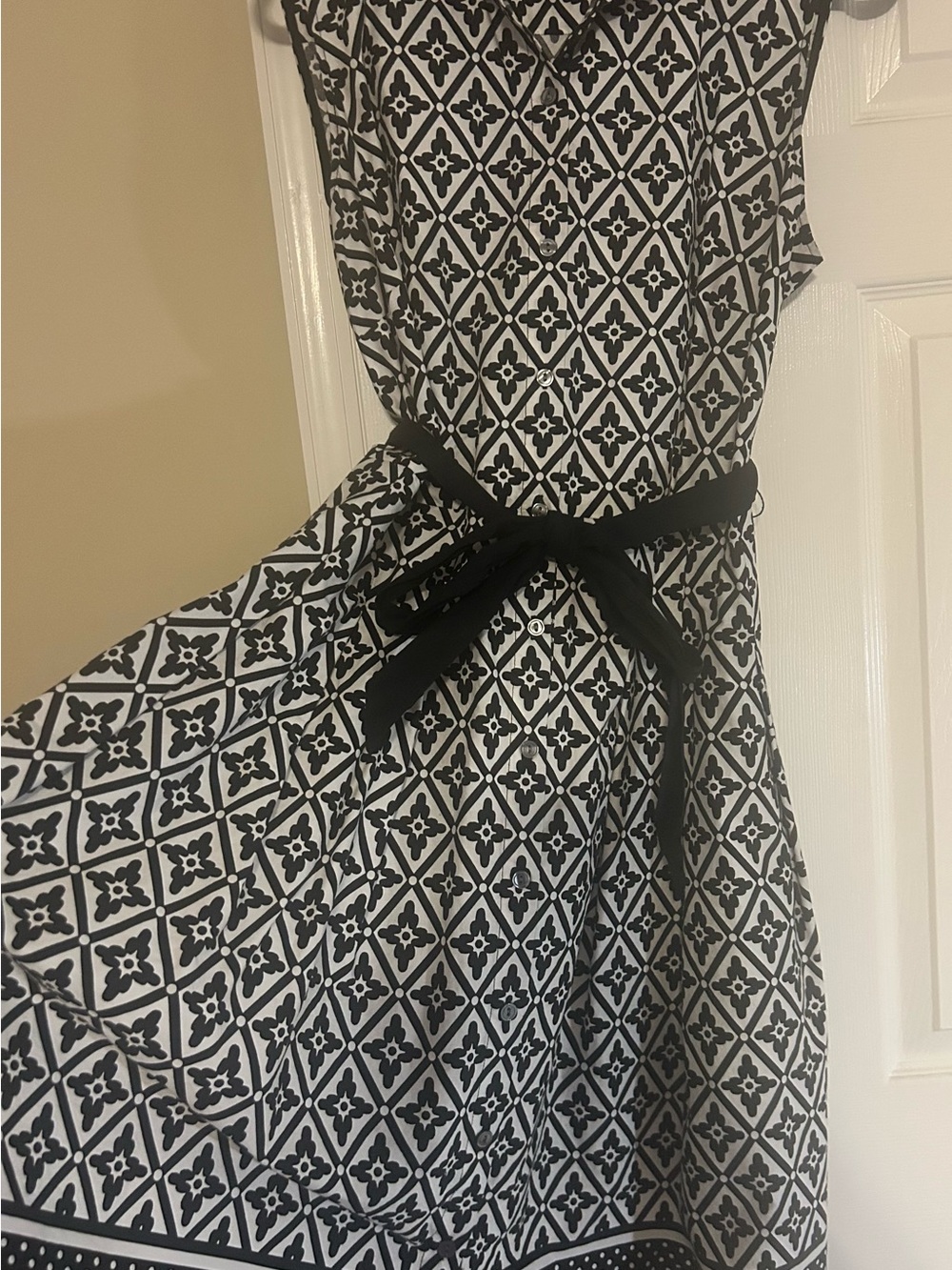 Talbots Black and White Geometric Belted Fit-and-Flare Dress - Picture 4 of 4